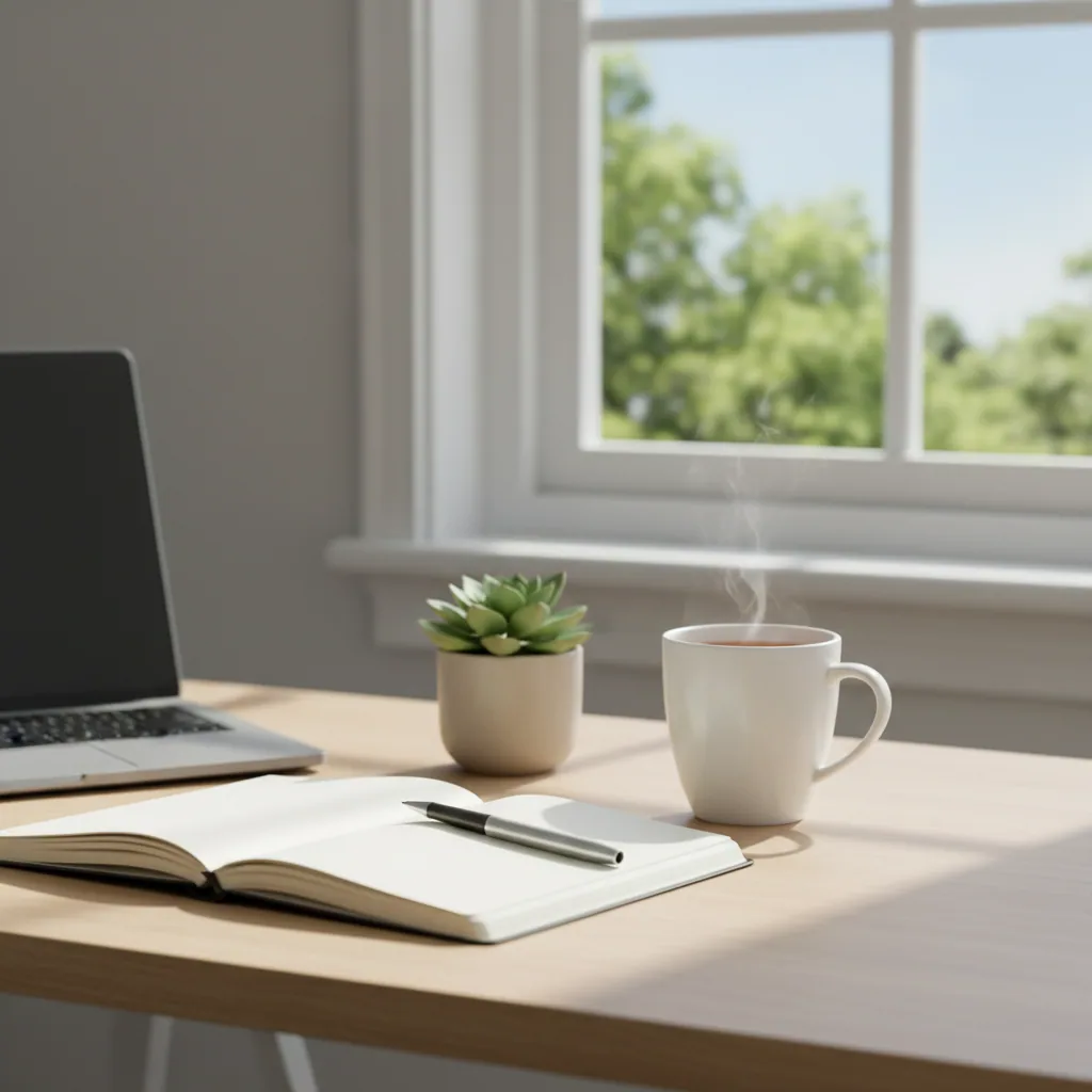 A tidy desk with a small potted plant, an open notebook and a glass of water in a calm office setting