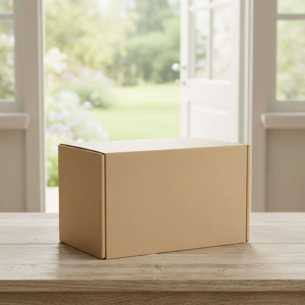A neatly wrapped kraft parcel sitting on a doorstep beside a potted plant in soft afternoon light