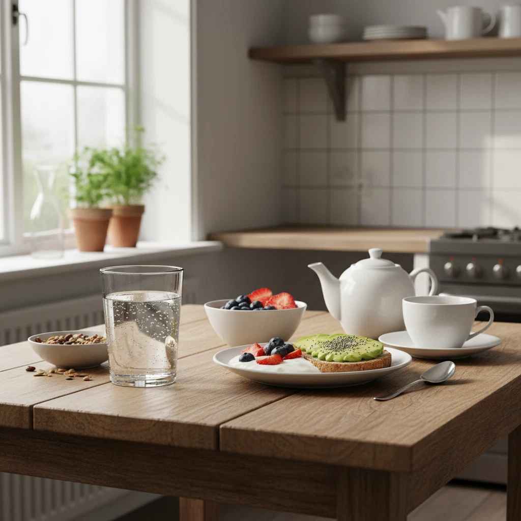 A bright kitchen bench with a glass of water, an open notebook and a small bowl of fruit in morning light