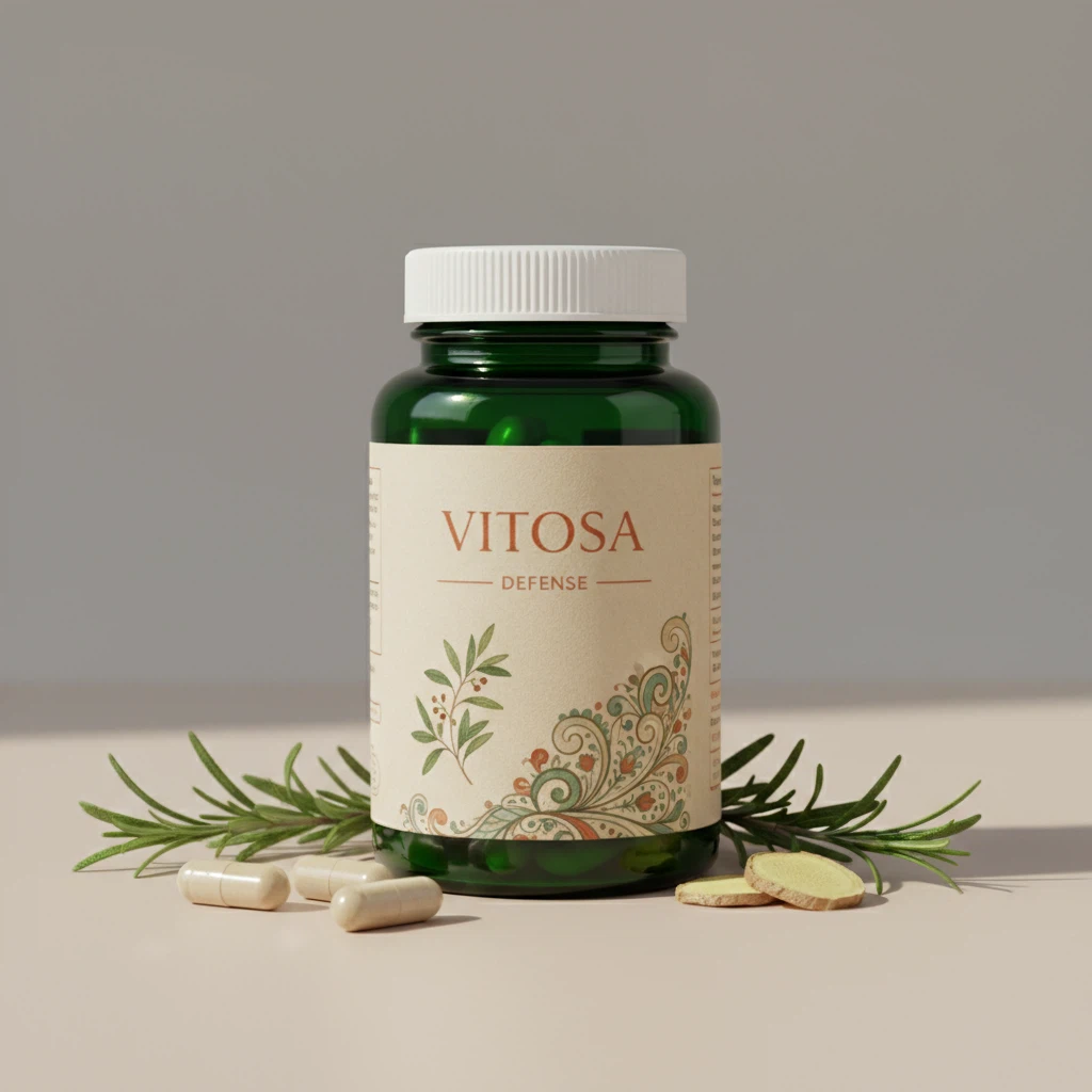 Vitosa Defense dark green glass supplement jar with silver lid on a stone surface with fresh botanicals